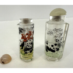 Chinese Reverse Painted Panda Glass Empty Perfume Snuff Bottle Octogon lot‎ of 2